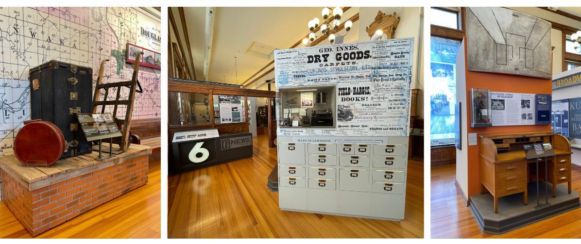 Image of three exhibits in the third floor gallery space at the Watkins Museum of History.