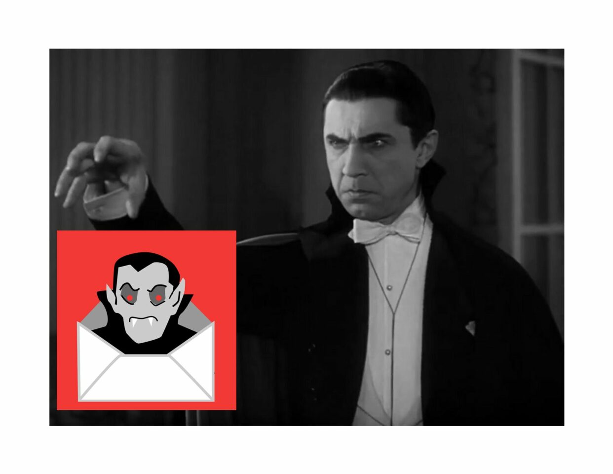 Bela Lugosi as Dracula, with the Dracula Daily logo